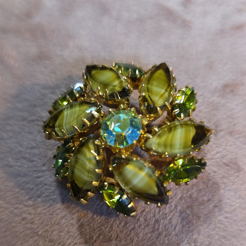 Vintage Gold-Tone Olive Green "Givre" Glass Domed Brooch